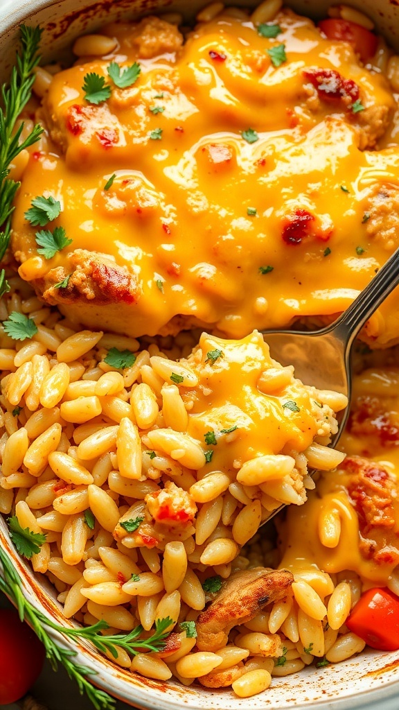 A golden chicken and rice casserole with melted cheese, served in a baking dish, garnished with herbs.